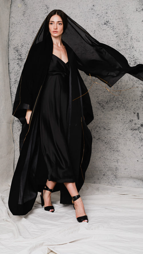 Khutoot Abaya in black organza