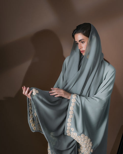 Dewdrop Abaya in grey-green crepe